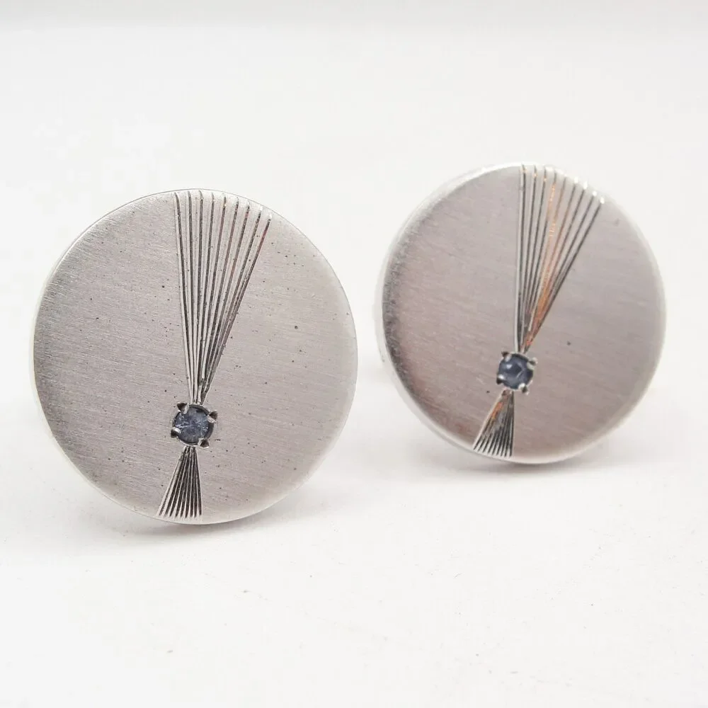 Vintage PRK Sterling Silver Round Blue Topaz Starburst Cufflinks MCM Atomic